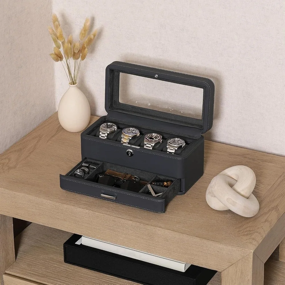Watch Box Organizer ROTHWELL 4 Slot Carbon Leather Valet Drawer Glass Lid